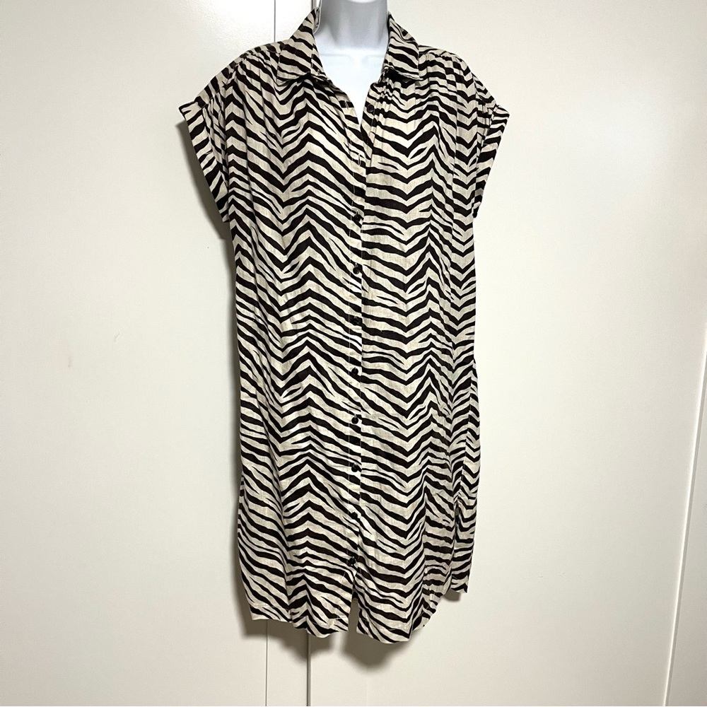 100% Linen Zebra Print Button-Front Shirt Dress Size Medium Lightweight Animal - Picture 2 of 7